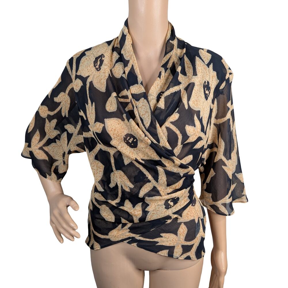 Vintage 90s Jaeger Made in UK Sheer Floral Chiffon Wrap Top Flutter Sleeve 36